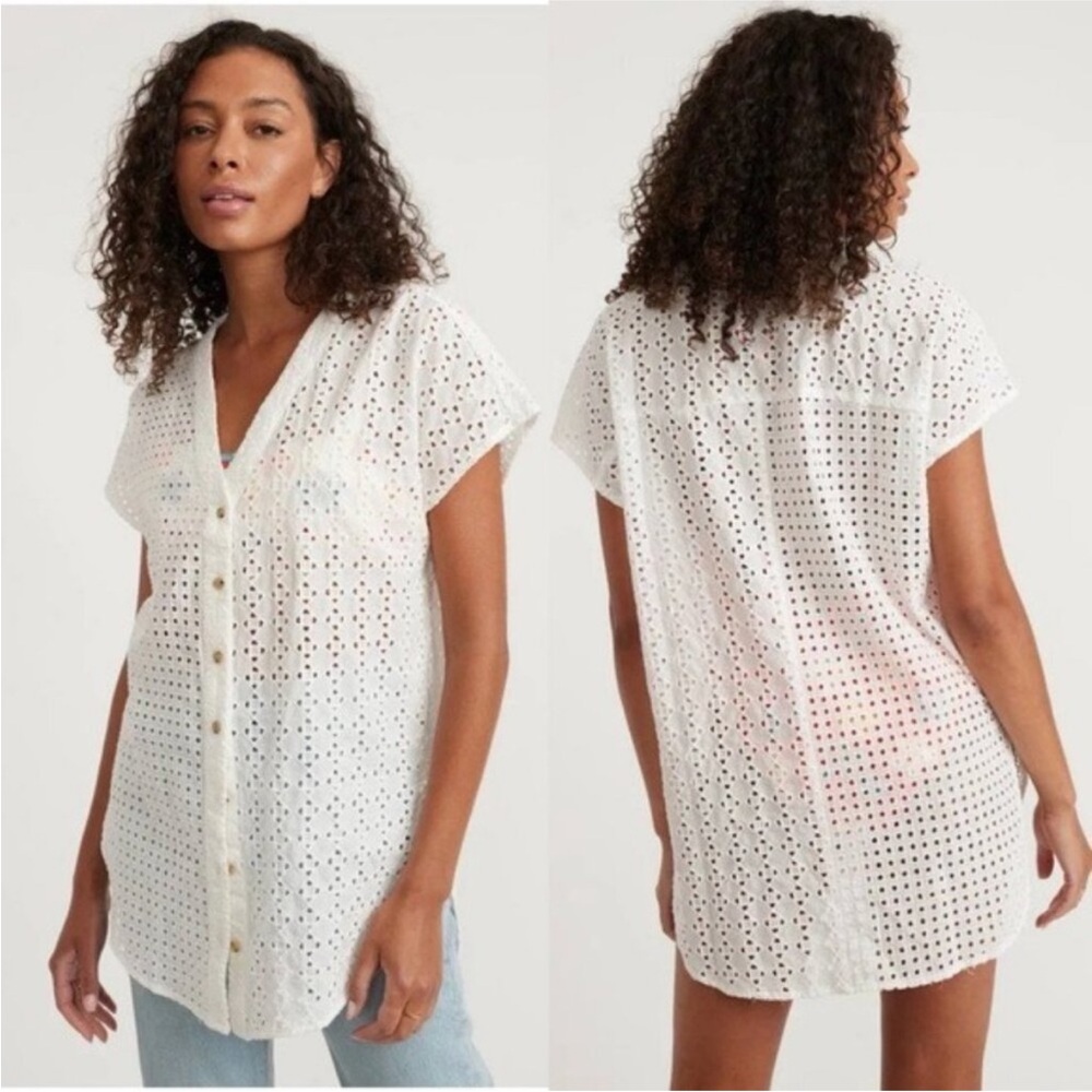 Marine Layer Eyelet Button-Up Cotton Tunic Top in White size Medium